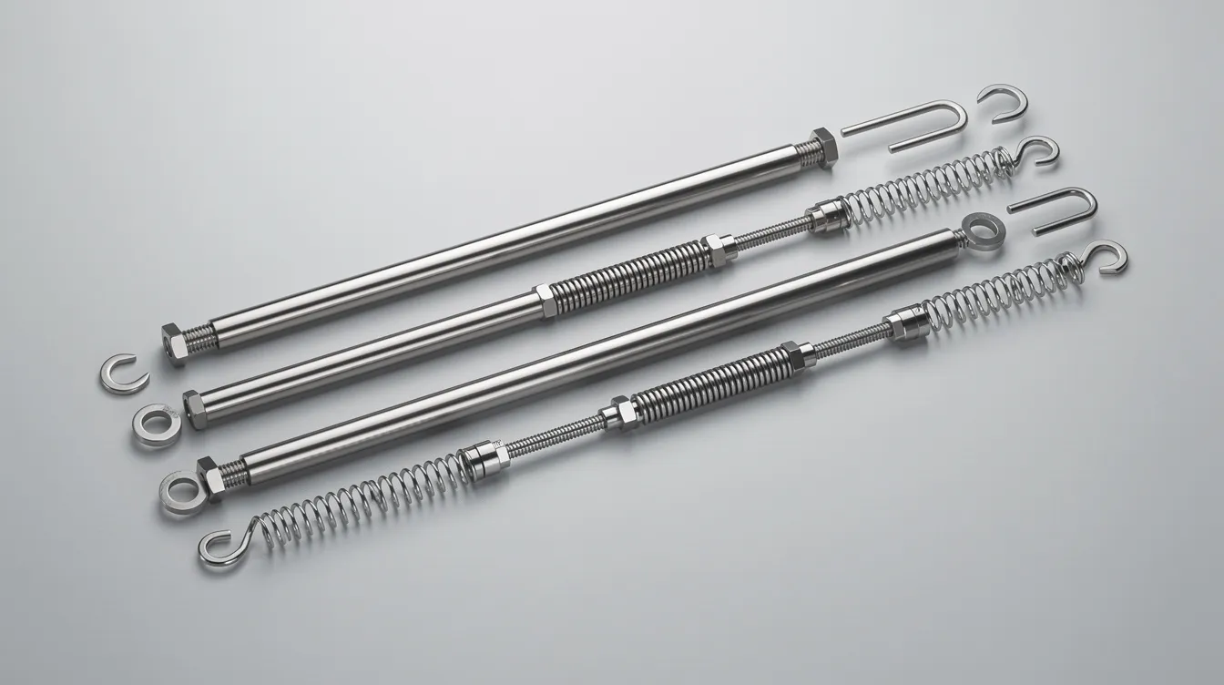 The image shows a collection of stainless steel rods and adjustable springs arranged neatly on a plain surface, likely part of a penile traction device such as the quick extender pro. This device is designed for penile traction therapy, featuring components that support controlled traction and comfort for users aiming to achieve significant improvements in penis size and curvature correction.