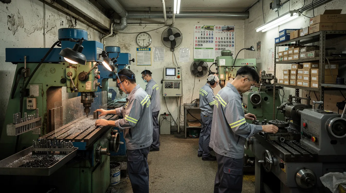 該圖片顯示香港一間小型工廠車間，工人積極操作各種工業機械。此場景反映中小企生產活動的活力，並突顯政府資助計劃對企業升級轉型的支持。
