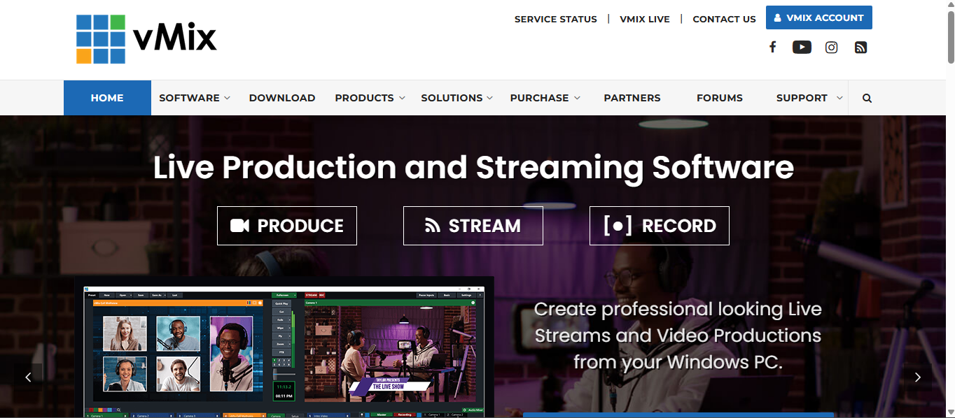 vMix site banner showing “Live Production and Streaming Software” with buttons for Produce, Stream, Record.