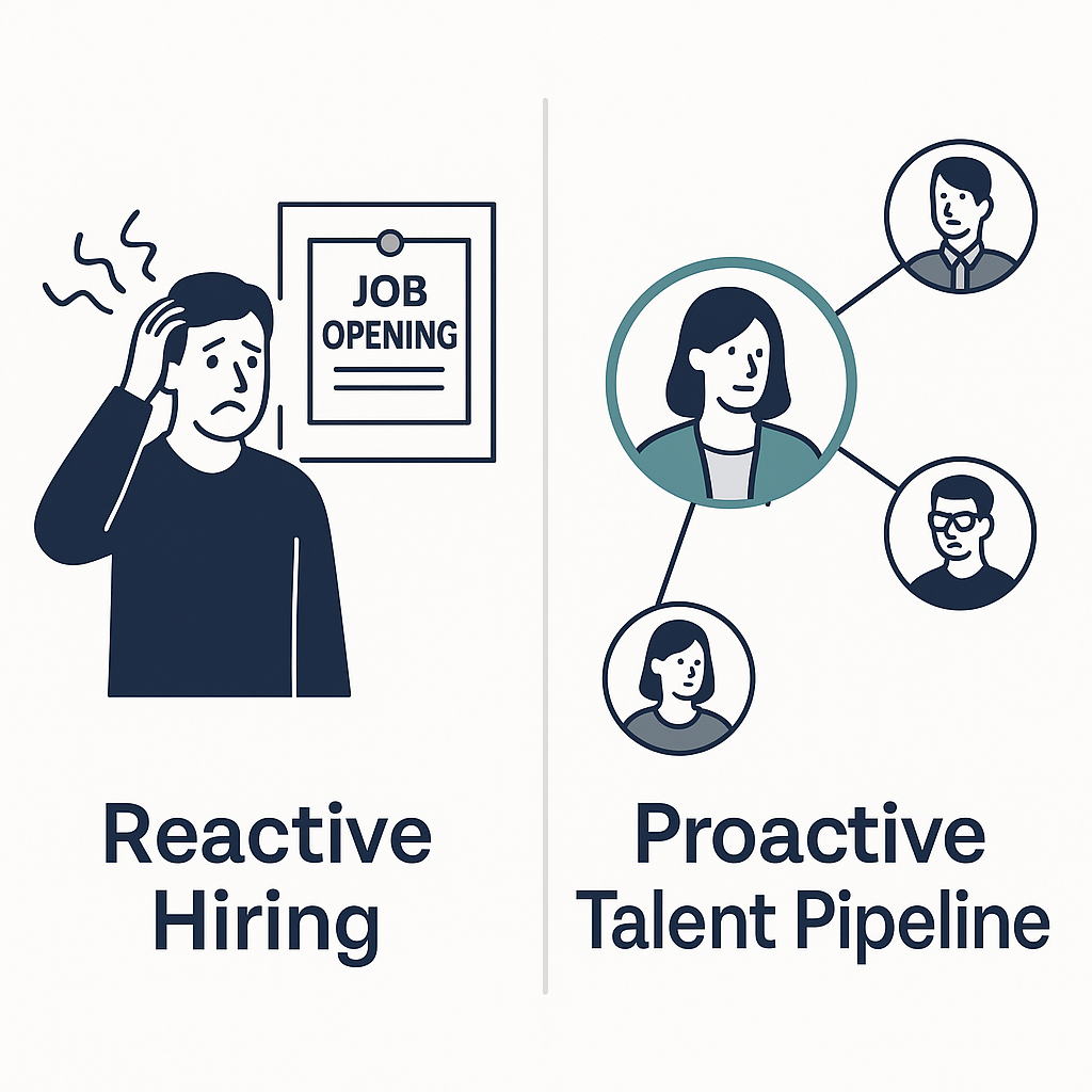 Side-by-side illustration comparing reactive hiring with proactive talent pipeline. Left panel shows a stressed manager next to a 'Job Opening' sign, representing last-minute hiring. Right panel shows a connected network of calm, professional candidates, symbolizing an engaged, pre-qualified talent pool.
