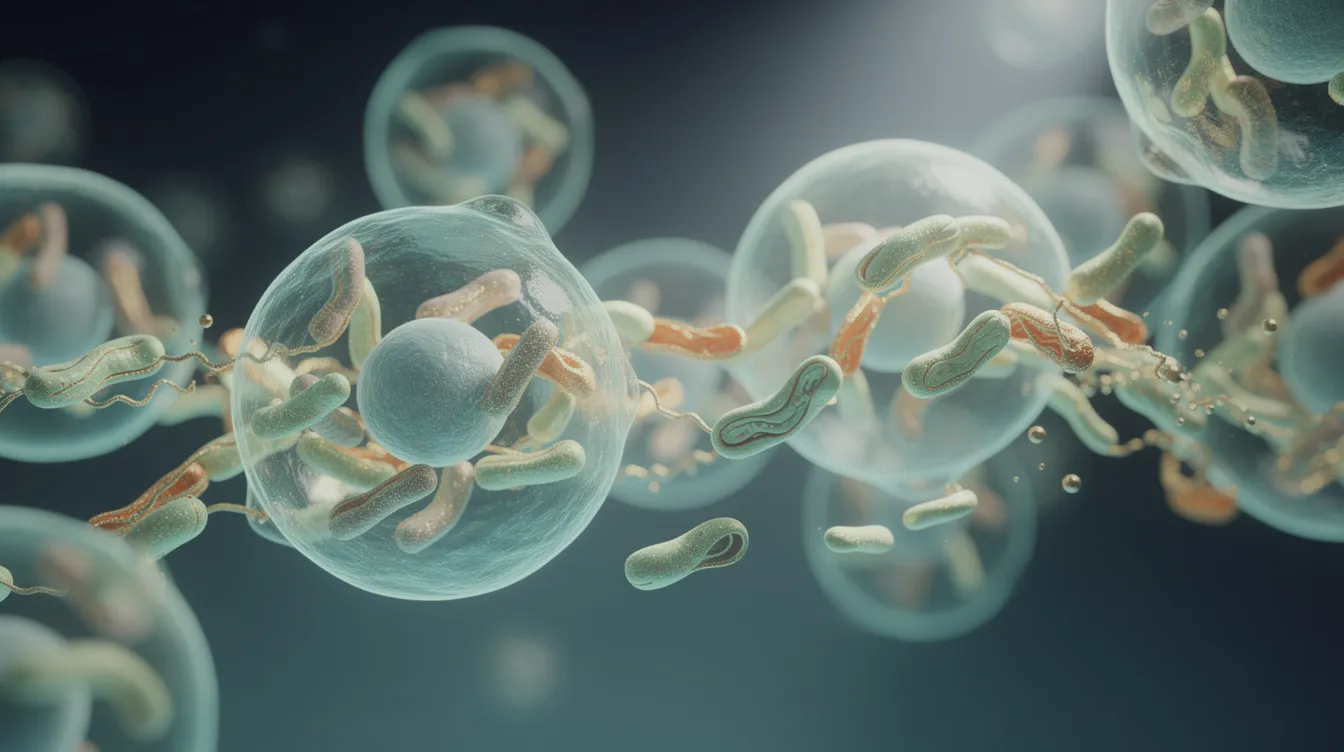 The image depicts an abstract visualization of healthy cells and mitochondria structures, emphasizing the importance of cellular health and energy production for overall well-being. This artistic representation reflects concepts related to healthy aging and metabolic health, showcasing the vital role of mitochondria in cellular metabolism and energy support.
