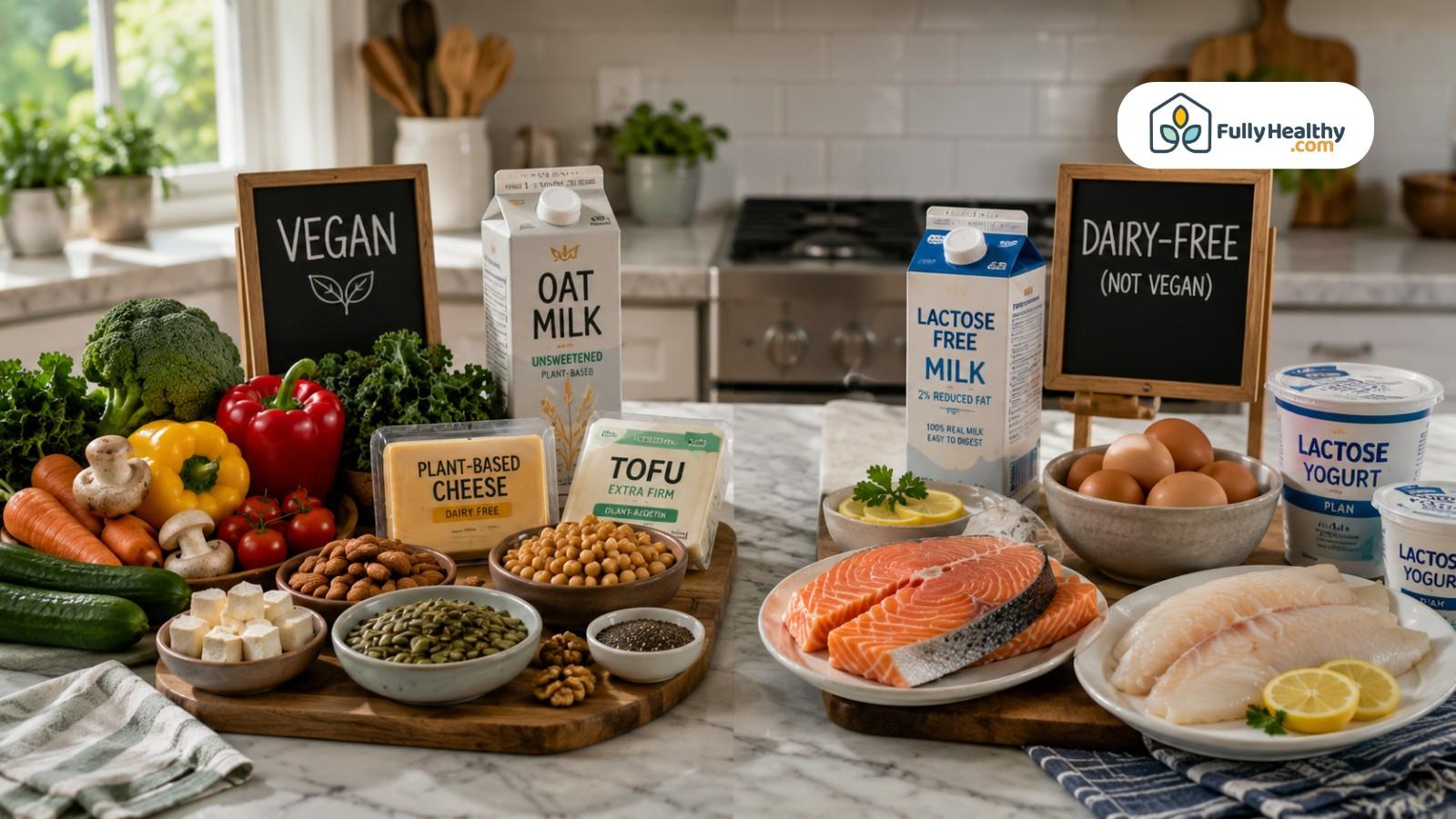 Vegan ingredients and dairy-free foods arranged with signs on marble kitchen counter