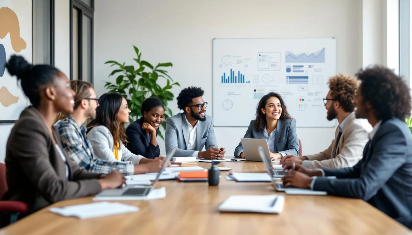 A diverse group of professionals is engaged in a meeting, discussing the ethical implications of AI adoption and its impact on organizational culture and governance. They are sharing valuable insights on how to embrace AI technologies while considering cultural transformations and the human element in change management.