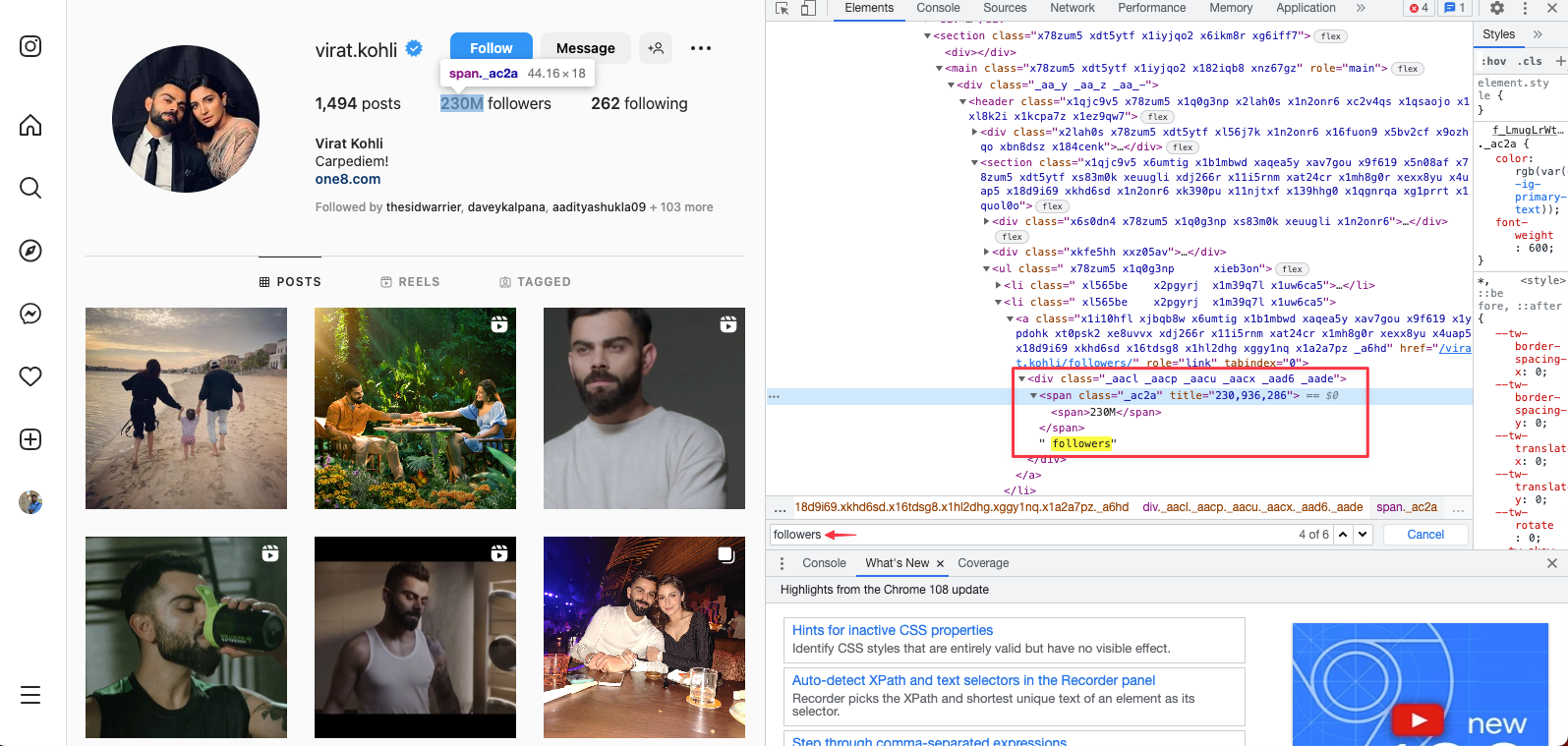 Remote.tools showing developer tools on Instagram website and searching for word followers in the source code to find other people's followers