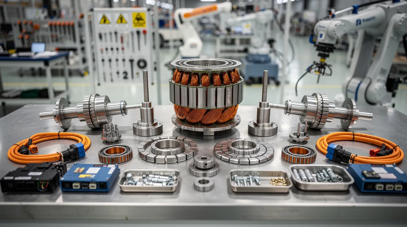 7db6b490 9796 4f26 8eb4 650c163efa83 The image shows various electric vehicle motor components neatly arranged on a factory workbench, highlighting the intricate parts essential for mechanical systems in the manufacturing industry. This setup exemplifies the technical expertise required by mechanical engineers and serves as a resource for innovative solutions in mechanical engineering business ideas.