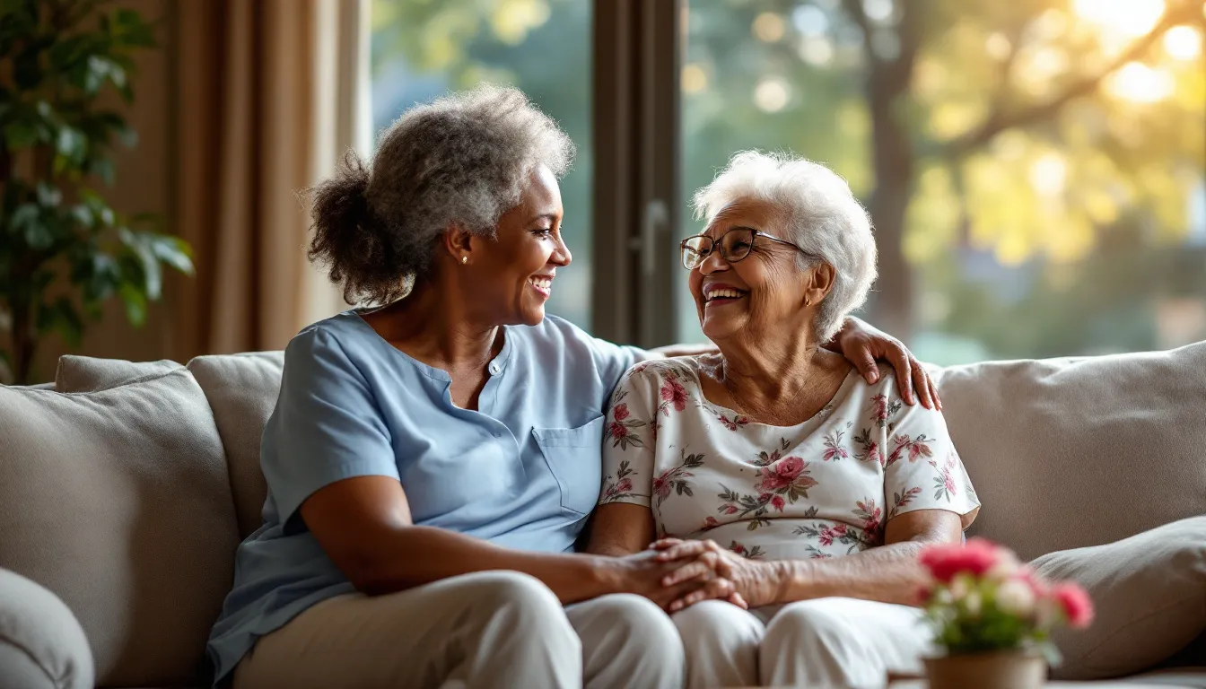 A caregiver providing companionship to a senior, highlighting the importance of compassionate caregivers in home health care.