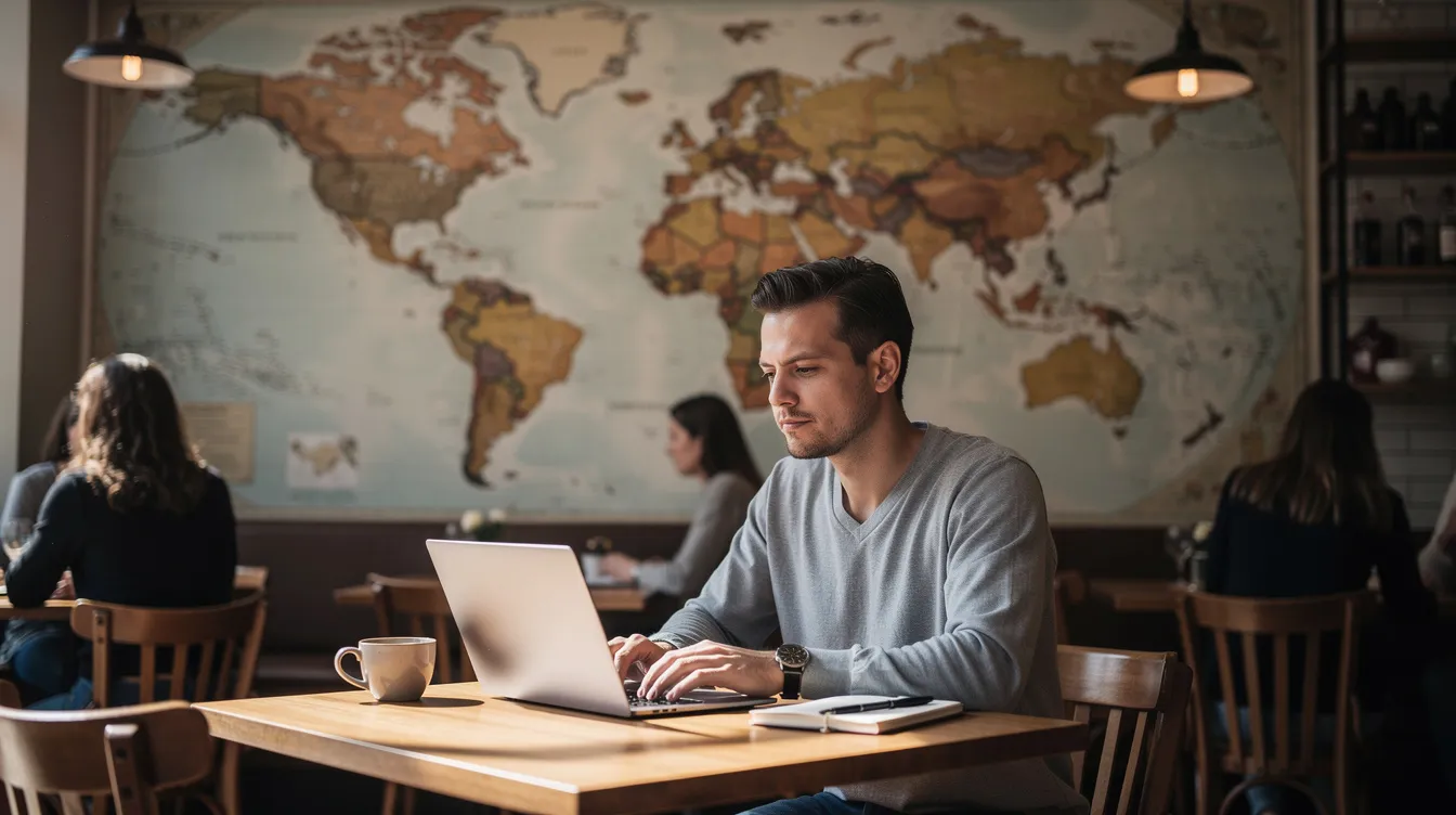 A freelancer sits at a café, focused on their laptop with a world map displayed on the wall behind them, symbolizing their work in international money transfers and online payments. The setting reflects the global nature of their tasks, which may include comparing payment methods like Wise vs PayPal for lower fees and fast transfers.