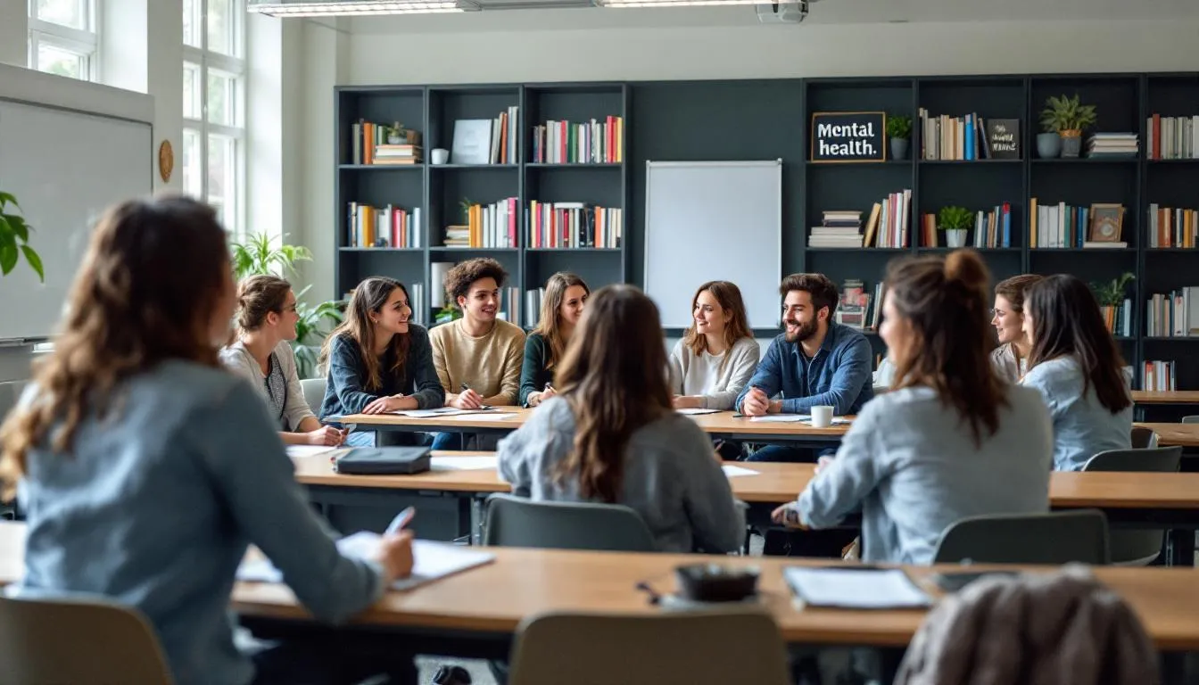 Das Bild zeigt eine Übersicht über die psychische Gesundheit von Studenten, mit Statistiken zu häufigen Erkrankungen und deren Auswirkungen auf die Lebensqualität. Es verdeutlicht die Bedeutung von Forschung und Daten zur Verbesserung des Wohlbefindens in Schulen und Städten.