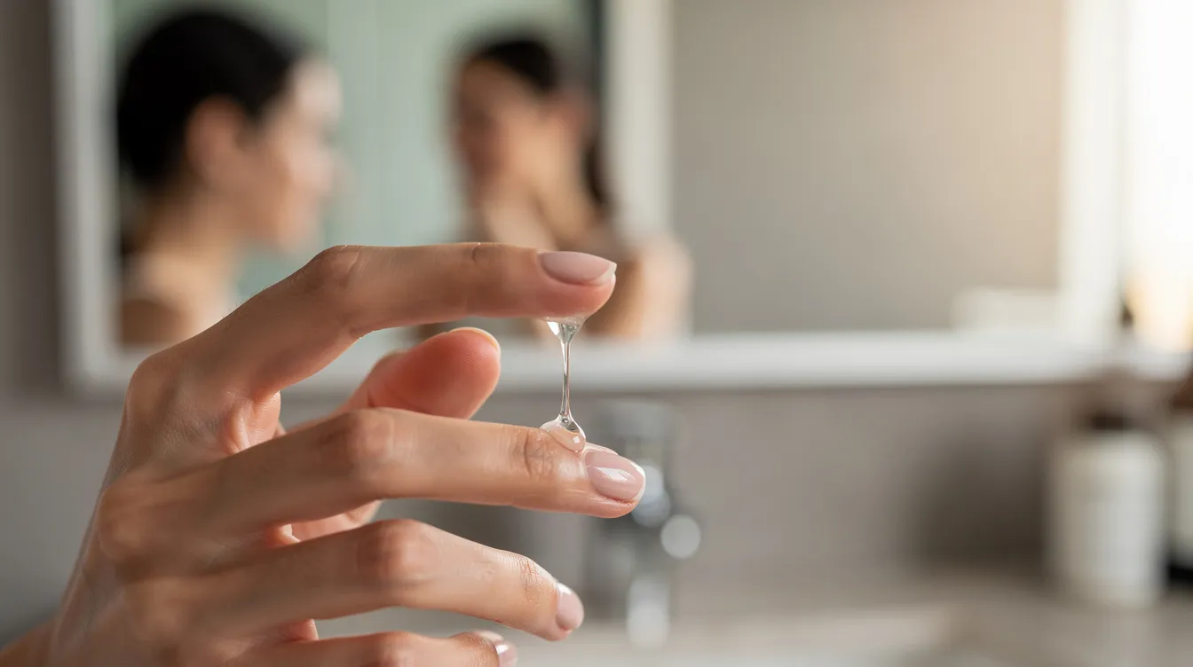 A person is applying a drop of clear hydrating serum onto their fingertip while standing in front of a bathroom mirror, emphasizing the importance of skin care for maintaining healthy skin. This moisturizing product is ideal for various skin types, including dry and sensitive skin, helping to deeply hydrate and soften the skin barrier.