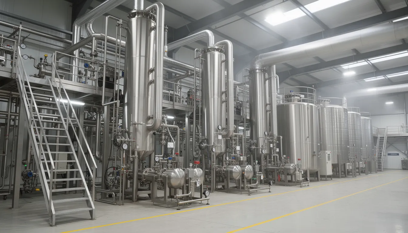 The image depicts an industrial chemical processing plant featuring a network of stainless steel equipment and piping systems designed for maximum corrosion resistance. The heavy gauge welded components and austenitic stainless steel structures are optimized for use in corrosive environments, ensuring durability and reliability in operations.