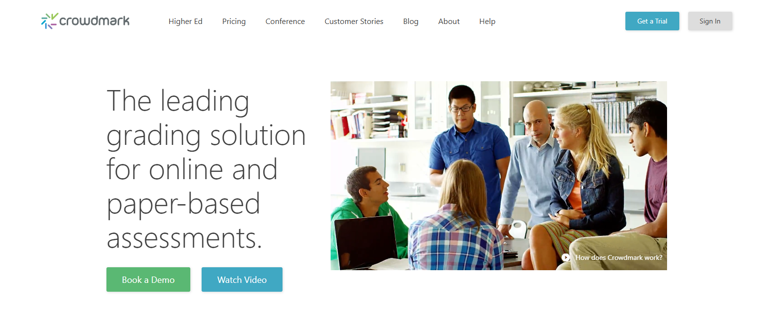 Crowdmark homepage highlighting digital assessment software for educators with collaborative classroom learning visuals