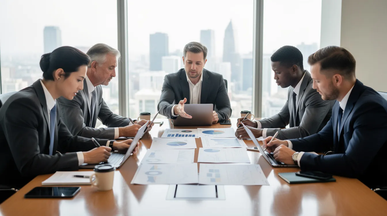 A group of business professionals is gathered around a conference table, engaged in a discussion while reviewing project documents related to carbon capture technology and its implications for greenhouse gas emissions. The atmosphere is focused, reflecting their commitment to advancing project development and compliance with environmental regulations.