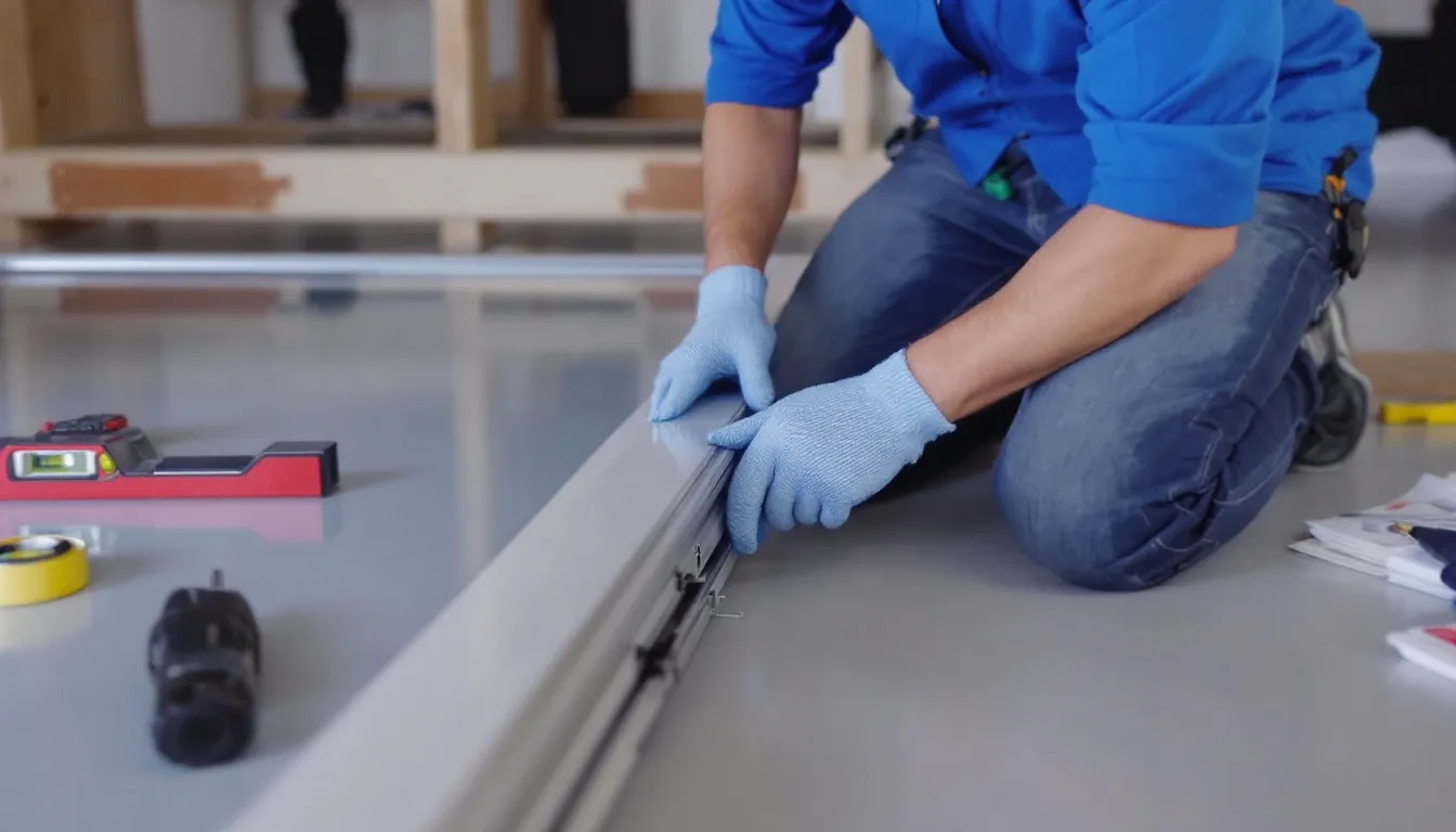 A person installing a sliding patio door, showcasing the installation process.
