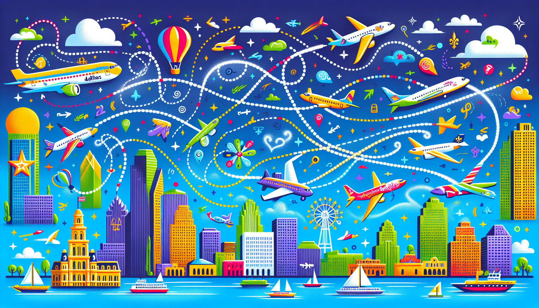 An illustration of direct flights available from Dallas to New Orleans.