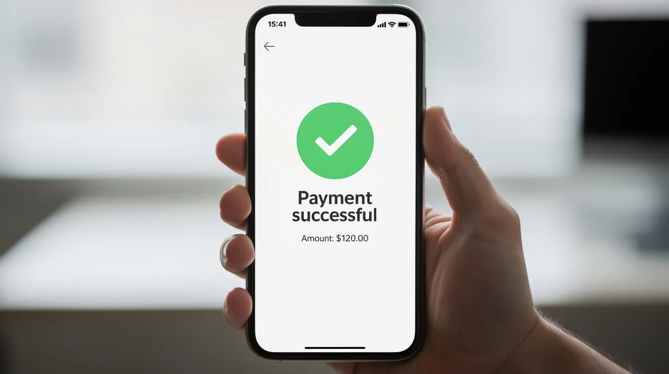 An image of a hand holding a smartphone that displays a payment confirmation screen featuring a green checkmark, indicating a successful online money transfer. This visual represents the ease of receiving international payments through various payment platforms, such as local bank accounts and multi-currency accounts.
