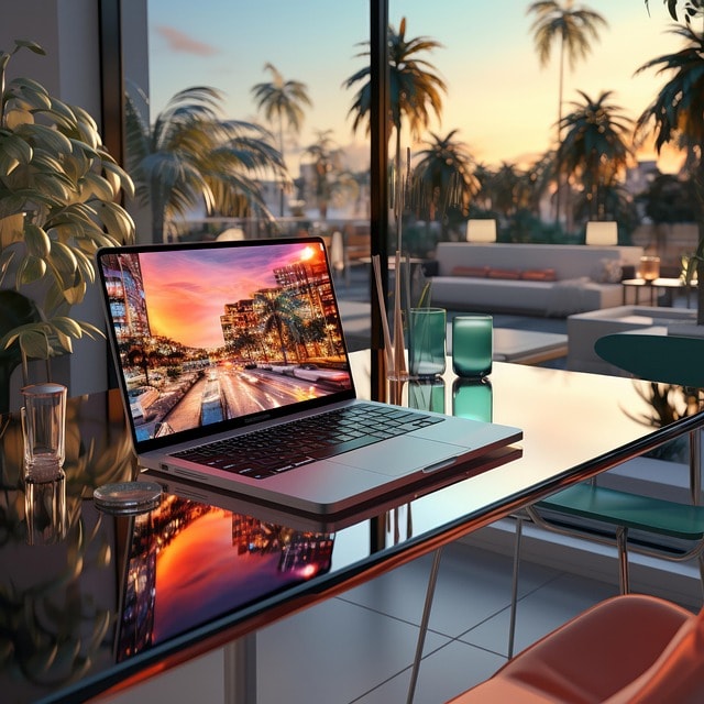 AI-generated image of a laptop in a tropical destination.
