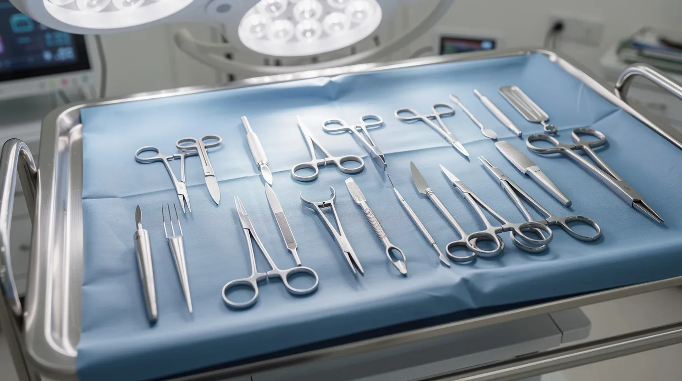 The image depicts a clean surgical setting with a sterile tray neatly arranged with various medical instruments, ready for a submental liposuction procedure. This environment is prepared for a surgical procedure aimed at contouring the chin and neck area to address issues such as excess fat and skin laxity.