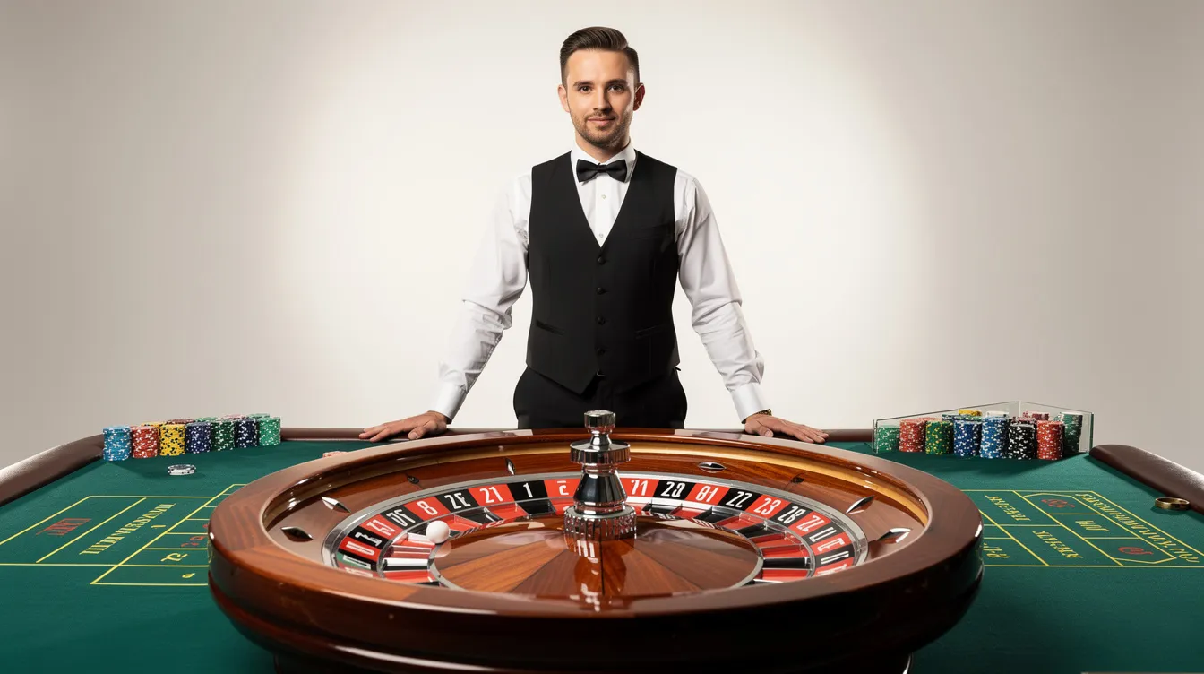 A professional casino dealer stands confidently behind a roulette table in a brightly lit studio, showcasing the excitement of live dealer games. The vibrant atmosphere highlights the engaging experience found in many non gamstop casinos, where players can enjoy a variety of casino games.