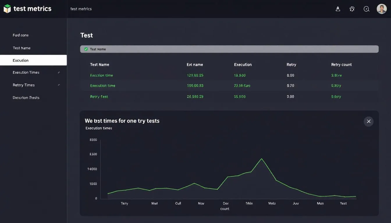 The image displays a dashboard featuring test execution times and retry statistics for automated testing. It highlights various metrics related to test scripts and test runs, providing insights into the performance and reliability of the test suite used for end-to-end testing with Playwright in TypeScript.