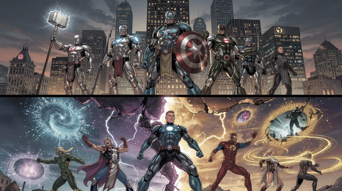 Das Bild zeigt zwei Reihen von Superhelden: Oben klassische Helden in metallischer Rüstung, wie Captain America und Thor, mit Hammer und Schild vor einer beeindruckenden Stadtkulisse. Unten sind neuere Helden, umgeben von magischen Effekten und Portalöffnungen, vor einem gespaltenen Himmel, was auf die Vielfalt des Marvel Cinematic Universe hinweist.