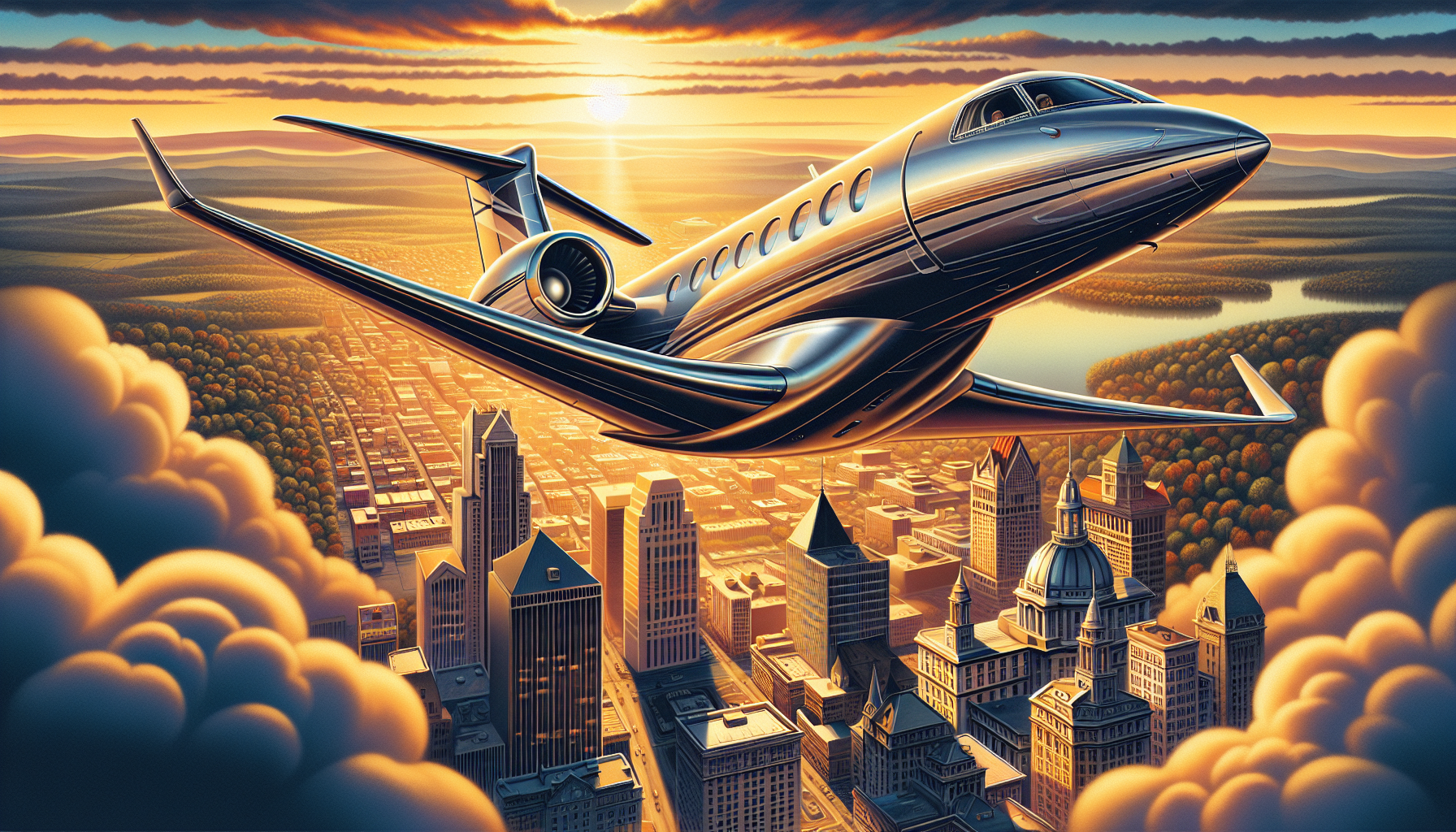 Luxurious private jet flying over Syracuse, New York