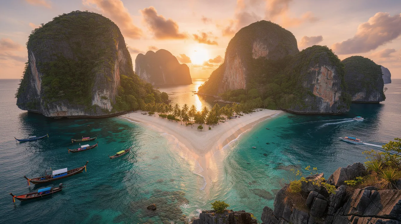 A imagem mostra as deslumbrantes Ilhas Koh Phi Phi, na Tailândia, com suas águas cristalinas e formações rochosas impressionantes. Ao fundo, é possível ver turistas desfrutando da paisagem tropical, enquanto barcos de transporte público se aproximam da costa.