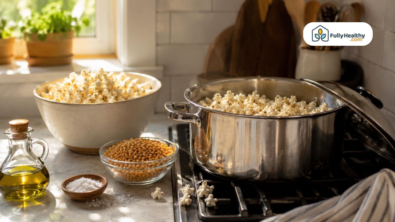 Fresh homemade popcorn beside corn kernels, salt, and oil in sunny kitchen