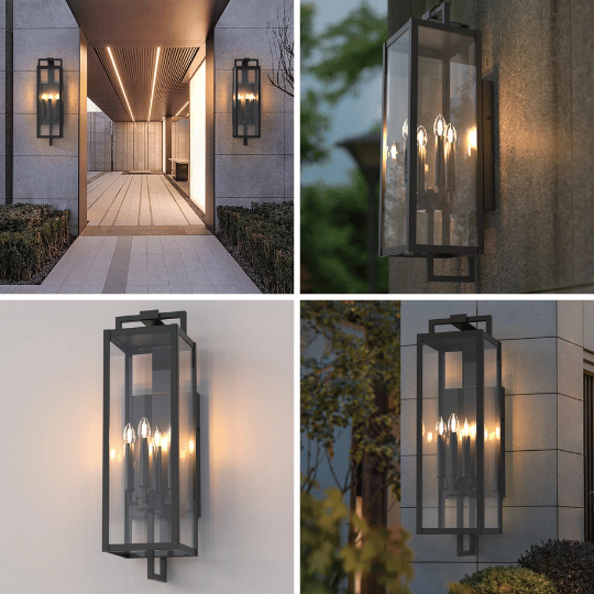 Contemporary black coach wall lights with sleek rectangular frames and clear glass panels, shown mounted on modern exteriors and entryways, illuminating outdoor spaces with candelabra-style bulbs.