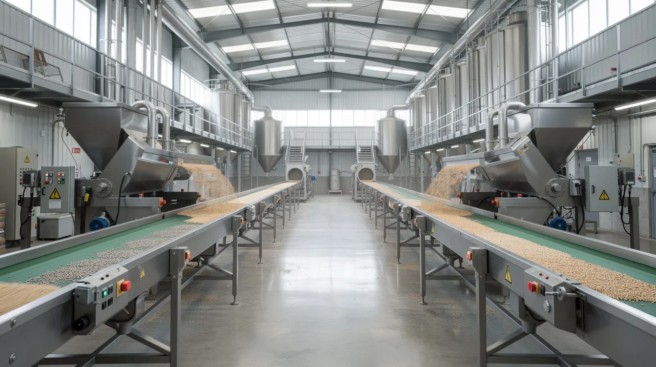 7dcef719 057f 4c3c 8e0d f0d6484a9780 The image depicts the interior of a large industrial pulse processing facility, featuring metal machinery, conveyor belts, and grain hoppers, all designed for efficient processing of multiple pulses materials. This dal mill plant showcases advanced technology aimed at smooth operation and high production capacity, catering to the growing demand for quality dal in medium scale businesses.