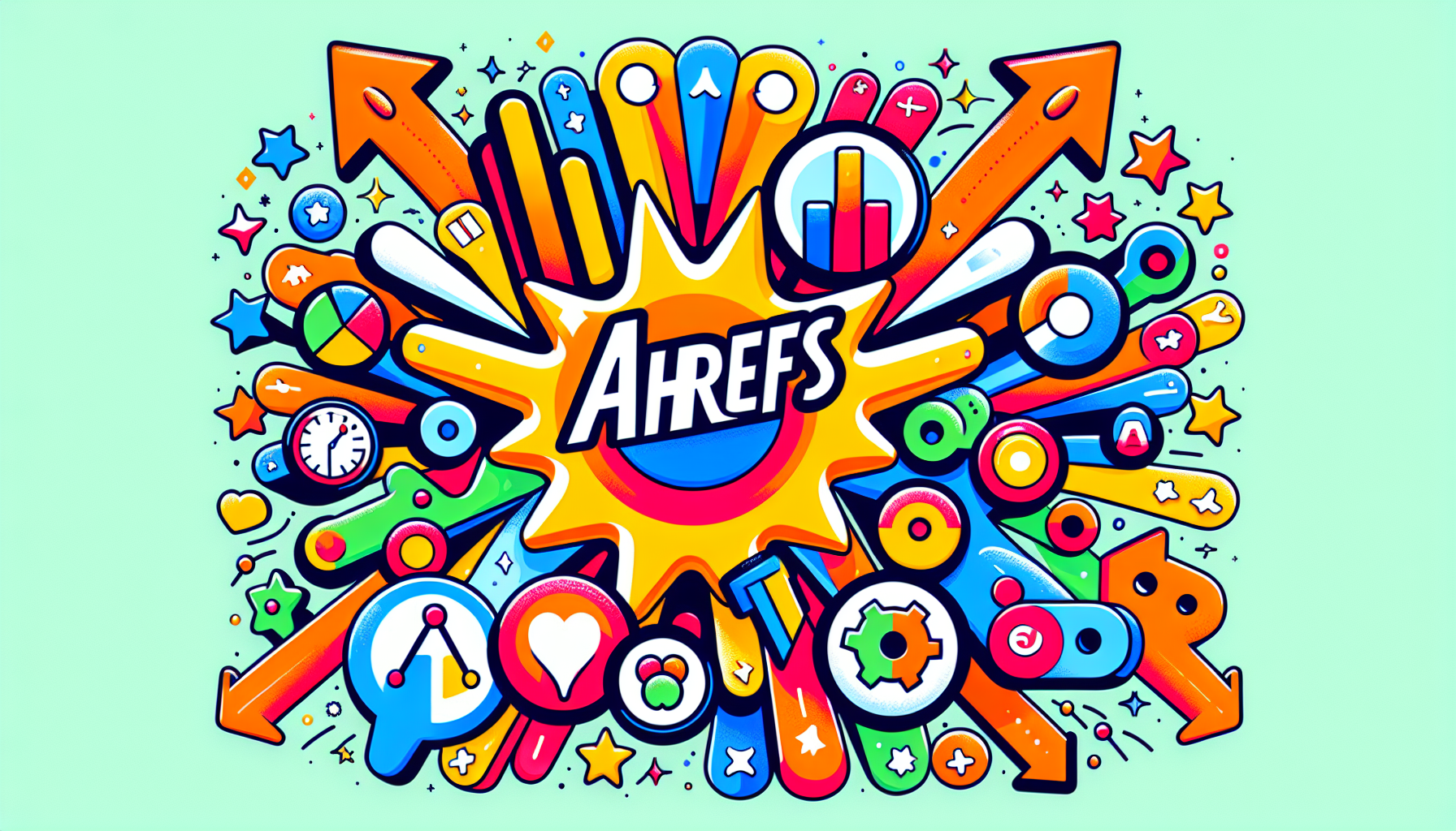 An illustration depicting the Ahrefs logo with various SEO tools around it.