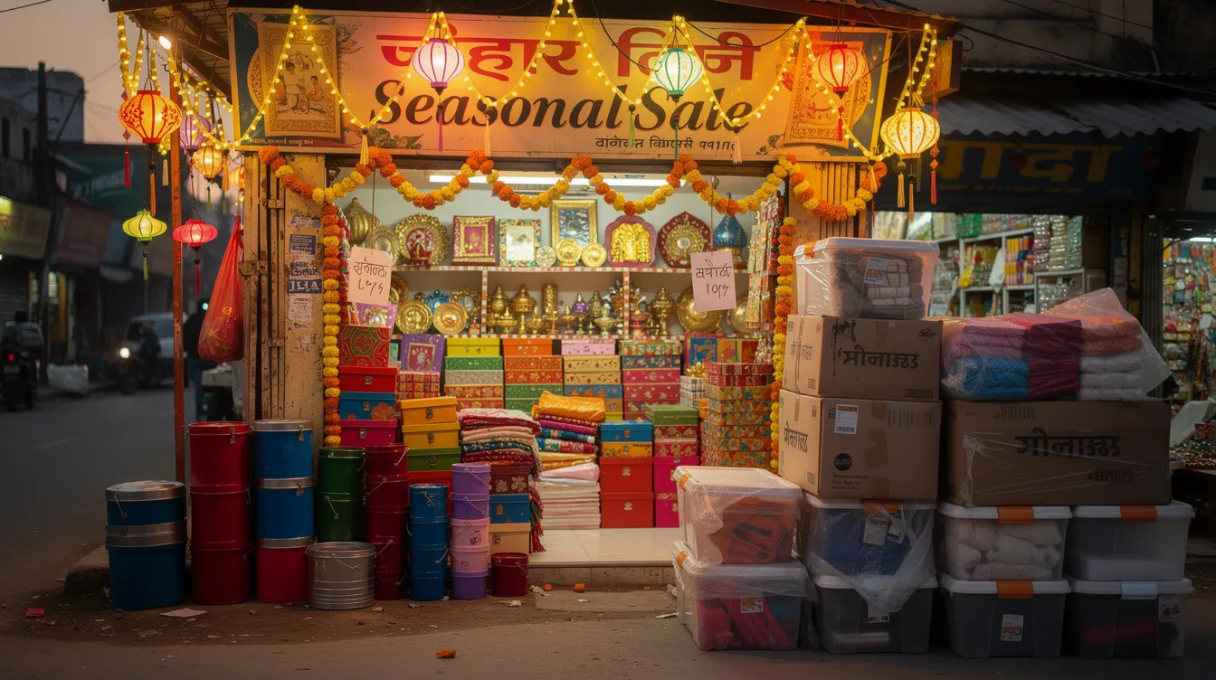 7dd22a4f c2ba 4ab0 b60c 20dd9905e975 The image depicts a small Indian shop adorned with vibrant festival lights and colorful items, showcasing storage boxes that are ready for seasonal sales. This scene reflects the entrepreneurial spirit of micro and small enterprises, highlighting the importance of financial assistance from institutions like banks and lending agencies to support their growth and success.