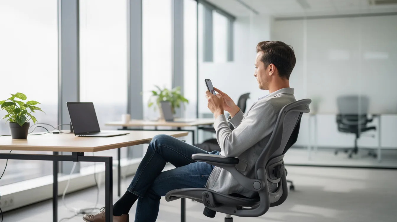 A person is sitting in a modern office environment, focused on using a smartphone, possibly checking information related to low-interest loans or professional financing options. The setting features contemporary furniture and a bright, open space, suggesting a professional atmosphere.