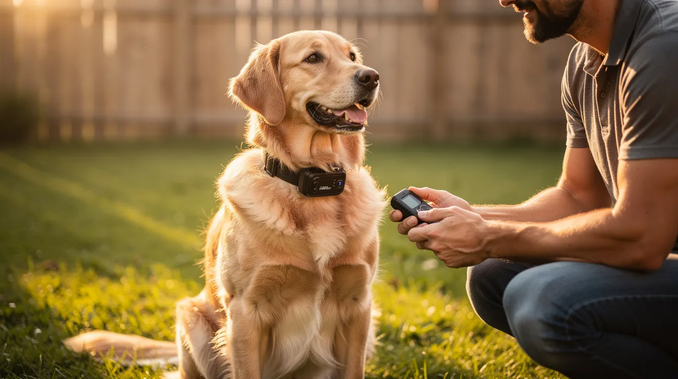 The image depicts a dog wearing a modern e collar, sitting attentively next to its owner in a training environment. The collar is designed to aid in e collar training, emphasizing the use of positive reinforcement and proper communication to shape the dog's behavior.