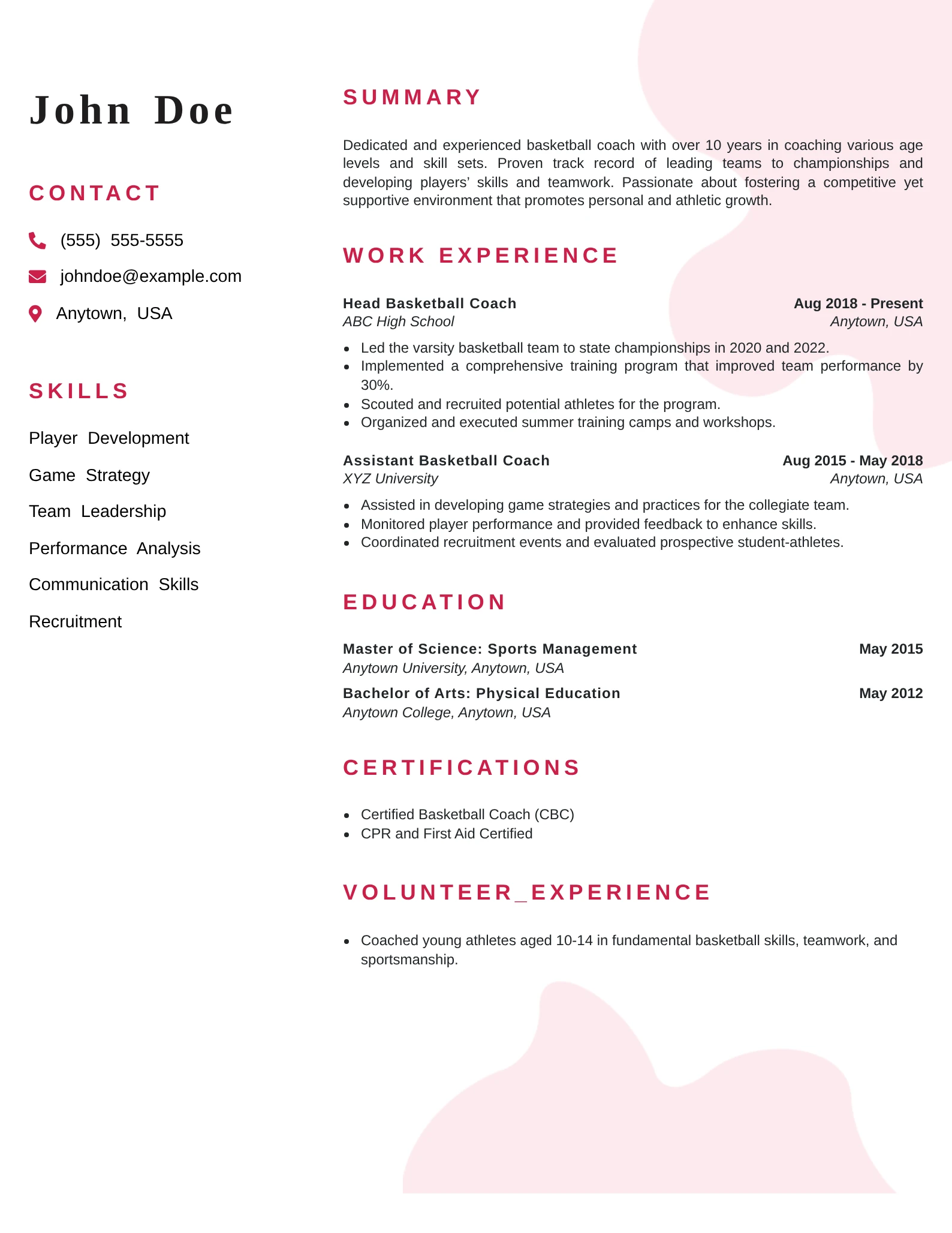 Experienced basketball coach resume template with red and white professional layout.