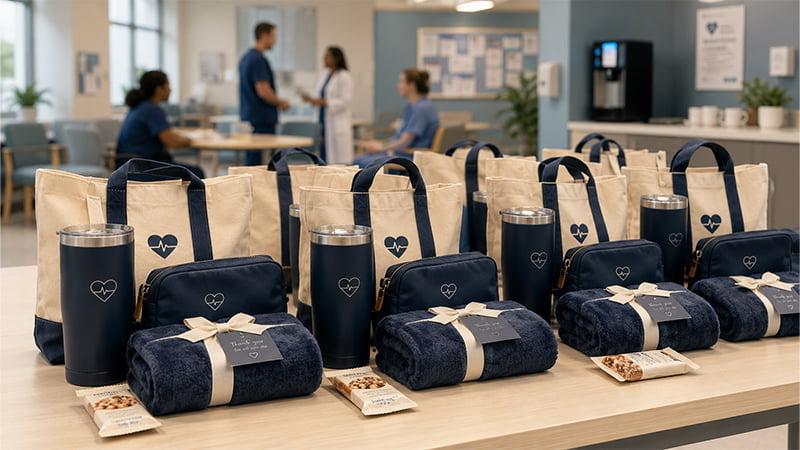 Bulk Christmas gifts for nurses and hospital staff prepared for hospital-wide healthcare appreciation and corporate gifting programs