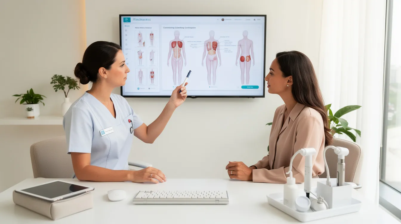 A medical professional is consulting with a client in a modern medspa office, discussing various body contouring options displayed on a screen. The consultation focuses on non-surgical body contouring techniques aimed at reducing stubborn fat pockets and achieving the client's body goals.