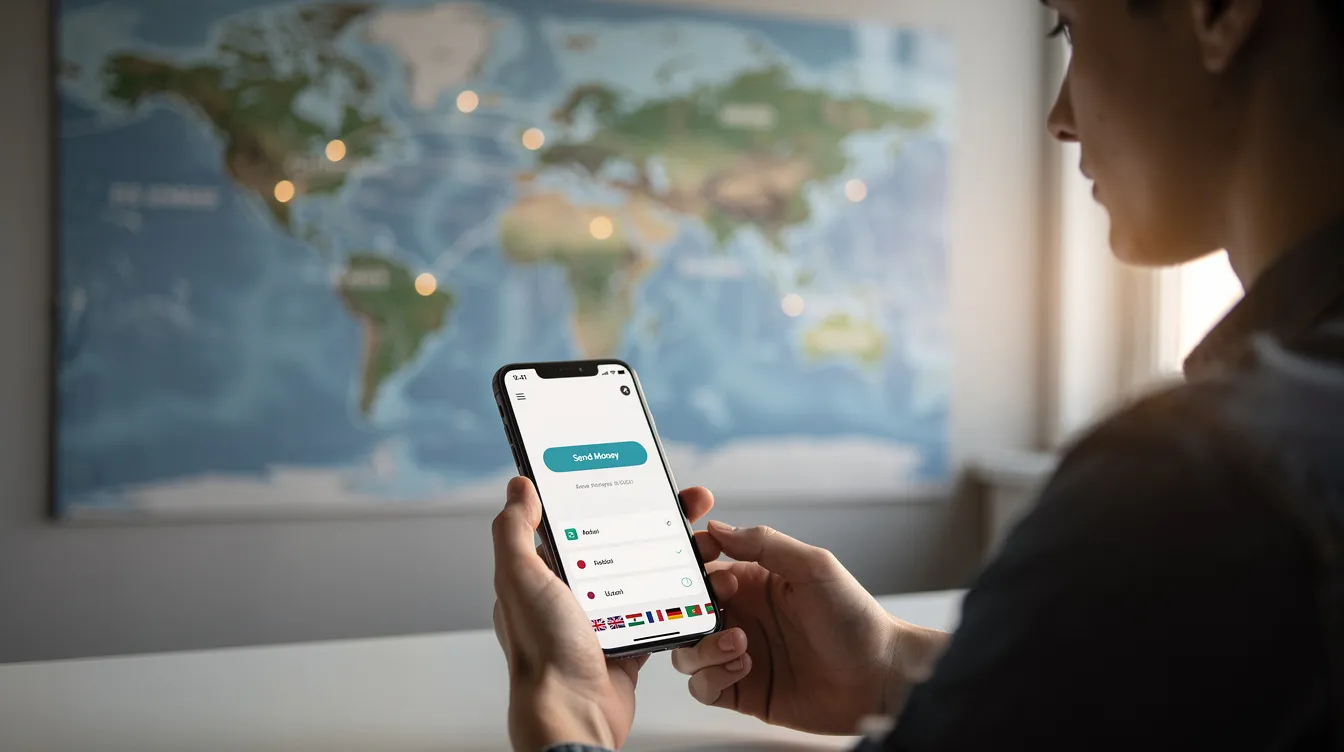 A person is using a smartphone app to send money internationally, with a world map displayed in the background, highlighting the convenience of digital wallet solutions for cross-border transactions. This scene illustrates the ease of making online payments through popular digital wallets like Apple Pay and Google Pay.