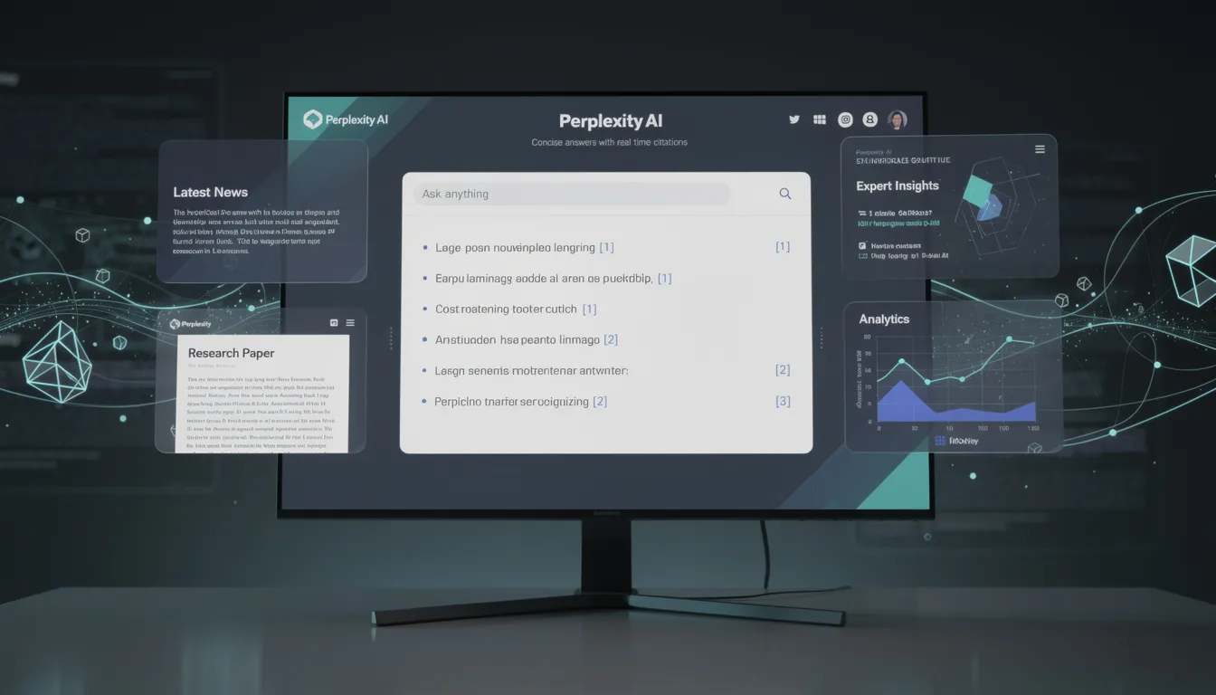 The image illustrates the interface of Perplexity AI's search engine, showcasing its unique features such as real-time citations and concise, accurate answers. Users can see how the AI-powered platform synthesizes information from various sources, providing a deeper understanding of complex topics while maintaining data privacy.