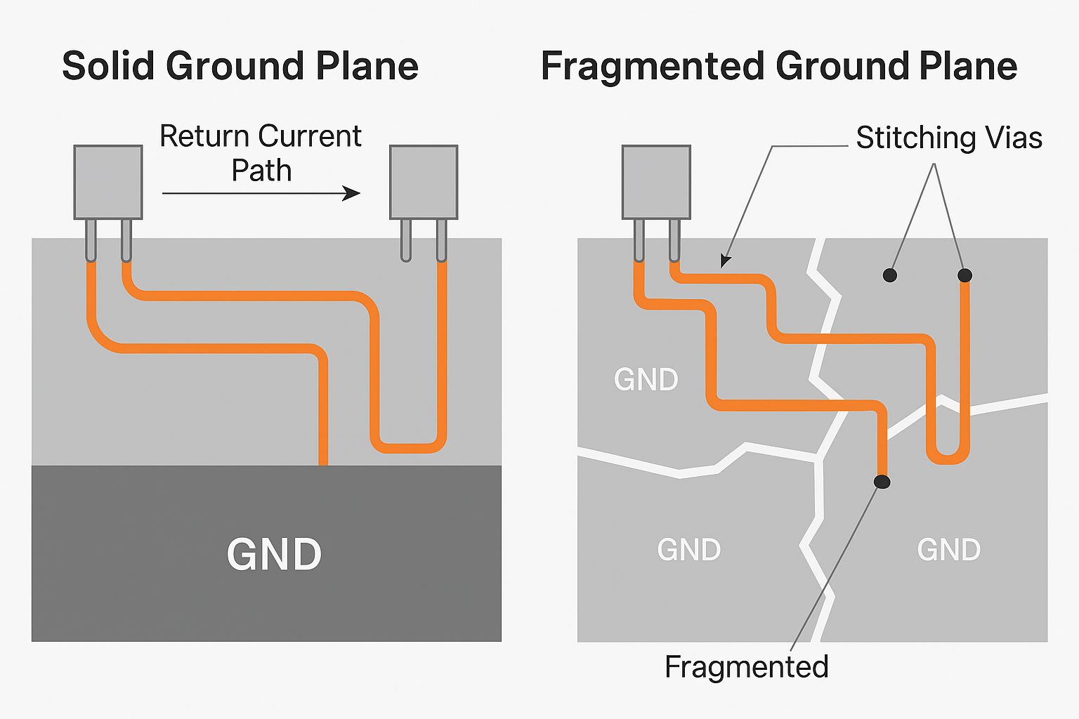 Diagram comparing PCB ground planes: left shows a solid ground plane with a clear return path, right shows a fragmented ground plane with broken sections and stitching vias