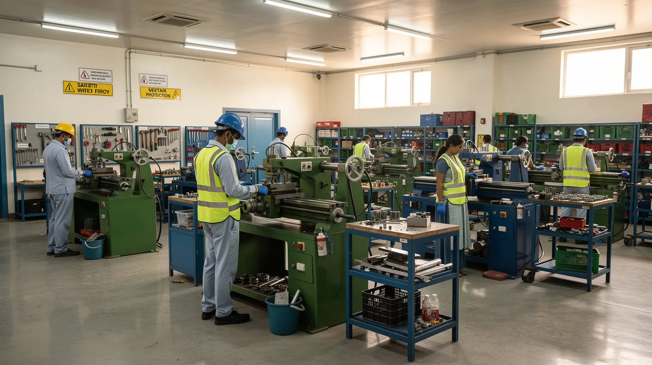 7ddc5470 f937 4e55 9af0 42d3b64da45d The image depicts a small Indian manufacturing workshop, showcasing various machinery and workers engaged in tasks within a clean industrial environment. This setting highlights the importance of financial stability and efficient loan approval processes for small businesses seeking to enhance their operations.