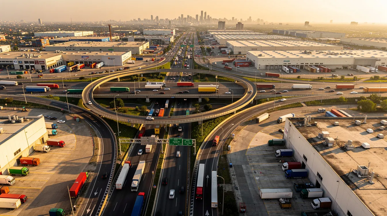 An aerial view captures a busy highway interchange bustling with delivery trucks and commercial vehicles in an urban industrial area, highlighting the complexity of traffic flow and potential risks associated with truck accidents. This scene underscores the importance of experienced legal representation, especially for those involved in truck accident cases in Baytown, Texas.
