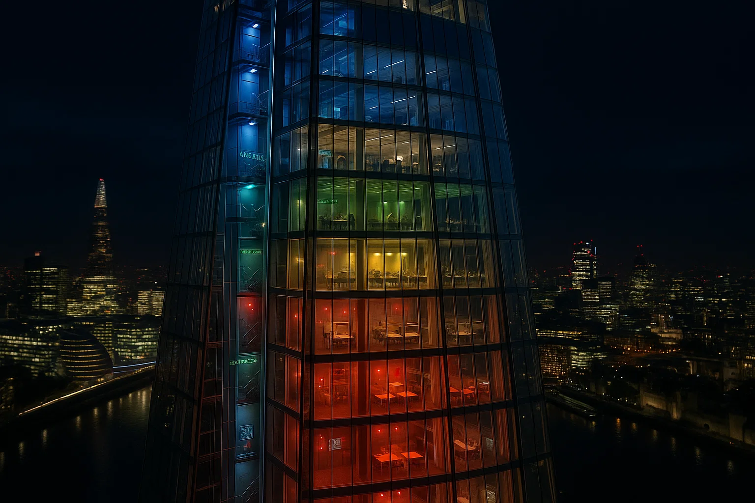A realistic view of The Shard showing multi-use floors and advanced fire-safety planning features.