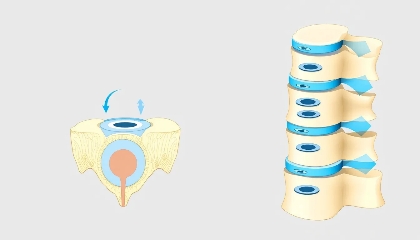 An anatomical illustration of the lumbar spine, showing the pathophysiology of lumbar spondylosis.