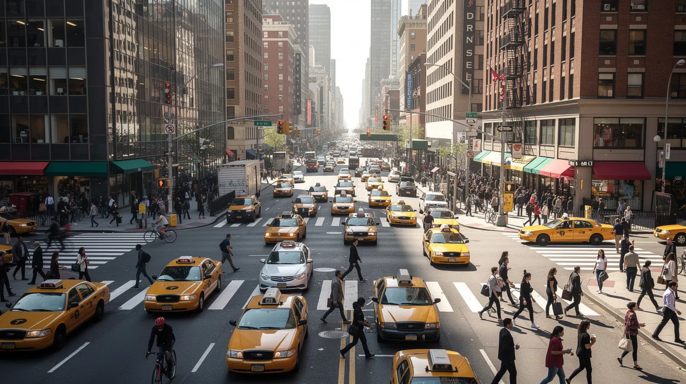 A bustling New York City street intersection is filled with yellow cabs and pedestrians crossing the road, showcasing the vibrant life of the city. This dynamic scene reflects the diverse potential clients and local businesses that law firms in New York may engage with through effective law firm marketing strategies.