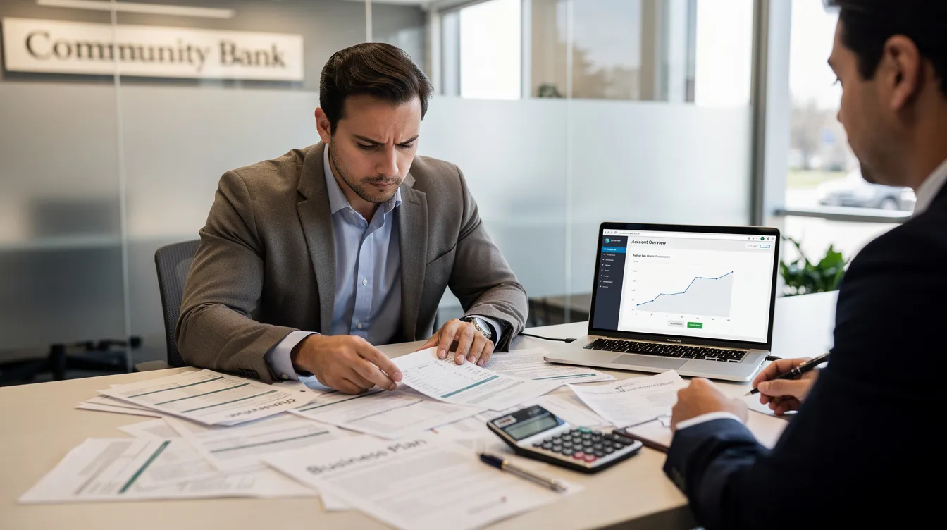 7de0b911 1049 4126 a9a3 0c239add0050 A small business owner is seated at a bank desk, surrounded by various papers and documents, likely related to their mudra loan application. The scene conveys the importance of a clear business plan and financial documentation in navigating loan approval processes at financial institutions.