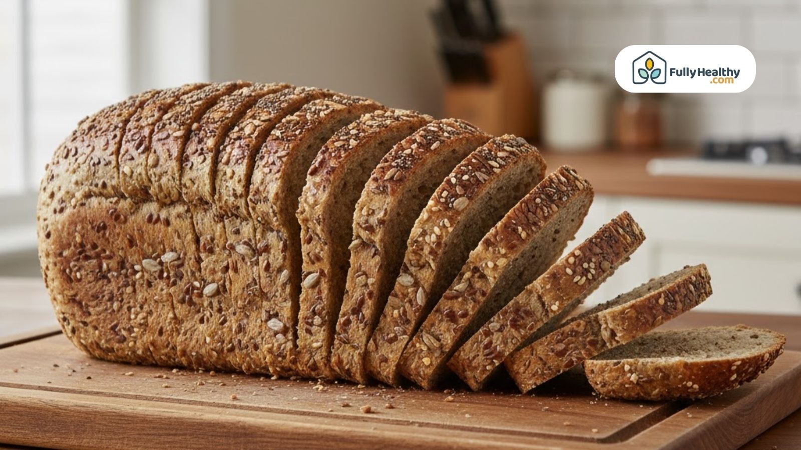 Whole grain sliced bread loaf displaying consistent slice thickness on a kitchen countertop.