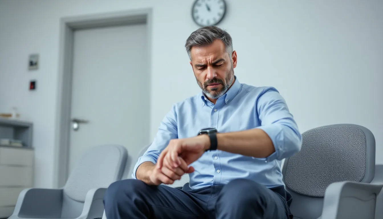 A customer is sitting and waiting on hold, glancing at their watch with a look of impatience, likely inquiring about their Verizon account or seeking technical support. The scene captures the common experience of customers trying to reach Verizon customer service during their hours of operation.