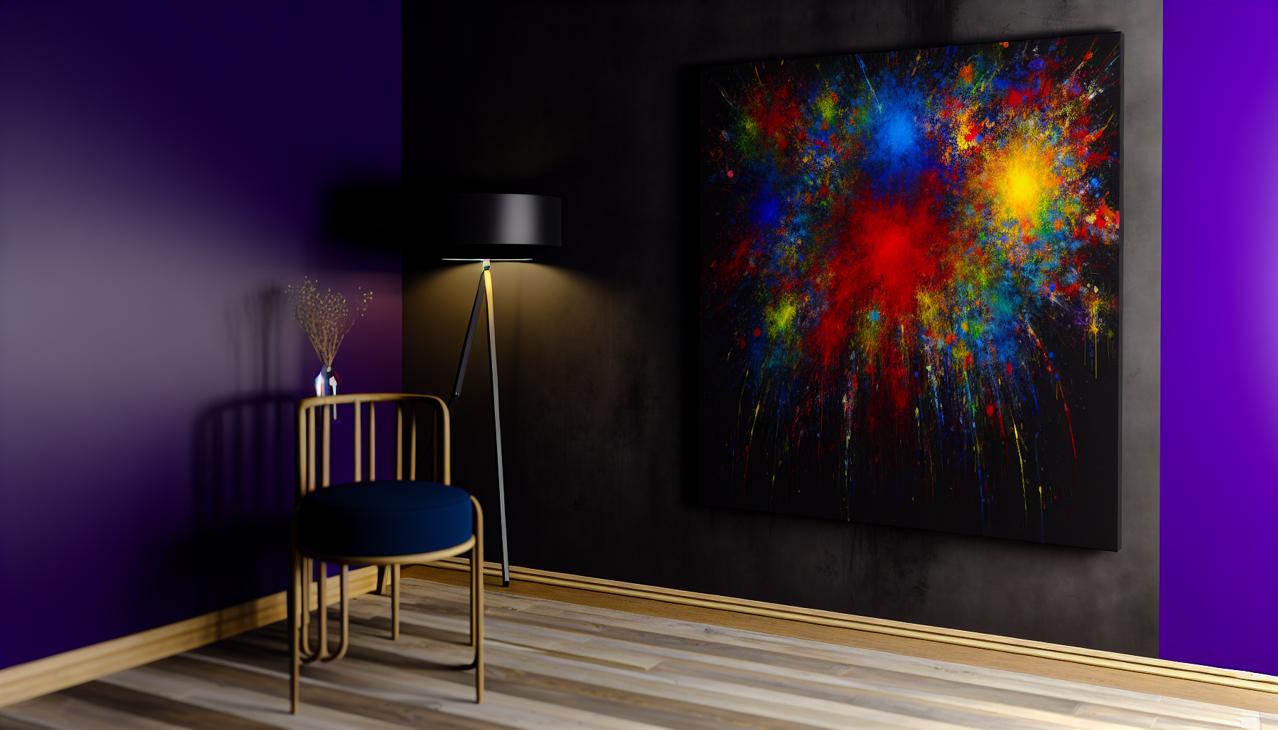Black wall art with vibrant pops of color creating a visually striking display