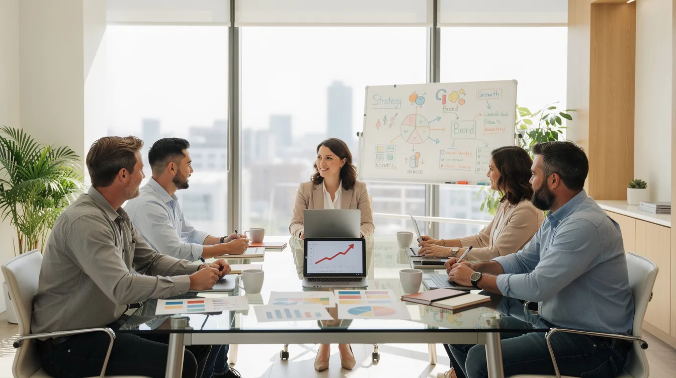 The image depicts a small business meeting in a bright, modern office space, where a marketing consultant discusses effective marketing strategies with business professionals. The focus is on enhancing their marketing efforts through digital marketing campaigns and market research to attract potential customers and optimize their business marketing management.