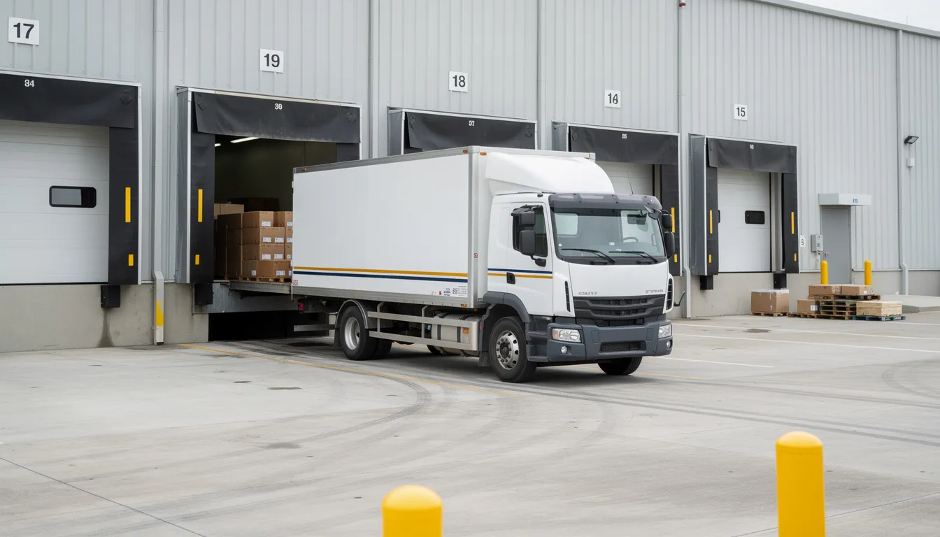 The image shows a commercial delivery truck parked at a loading dock, ready for unloading. This setting is crucial for efficient fleet management, where GPS tracking technology can be utilized to monitor vehicle location and optimize delivery schedules.